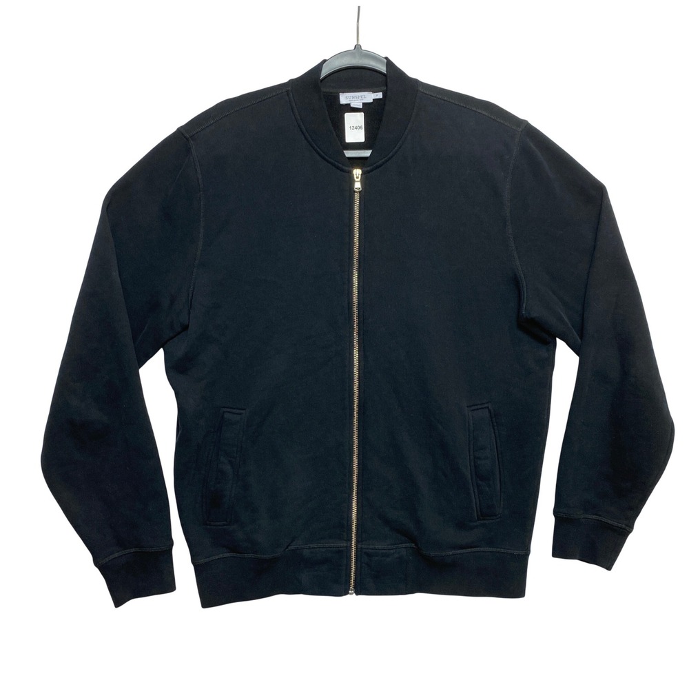 Sunspel Jacket Mens M Black Bomber Full Zip Loopback Cotton Jersey Made in UK